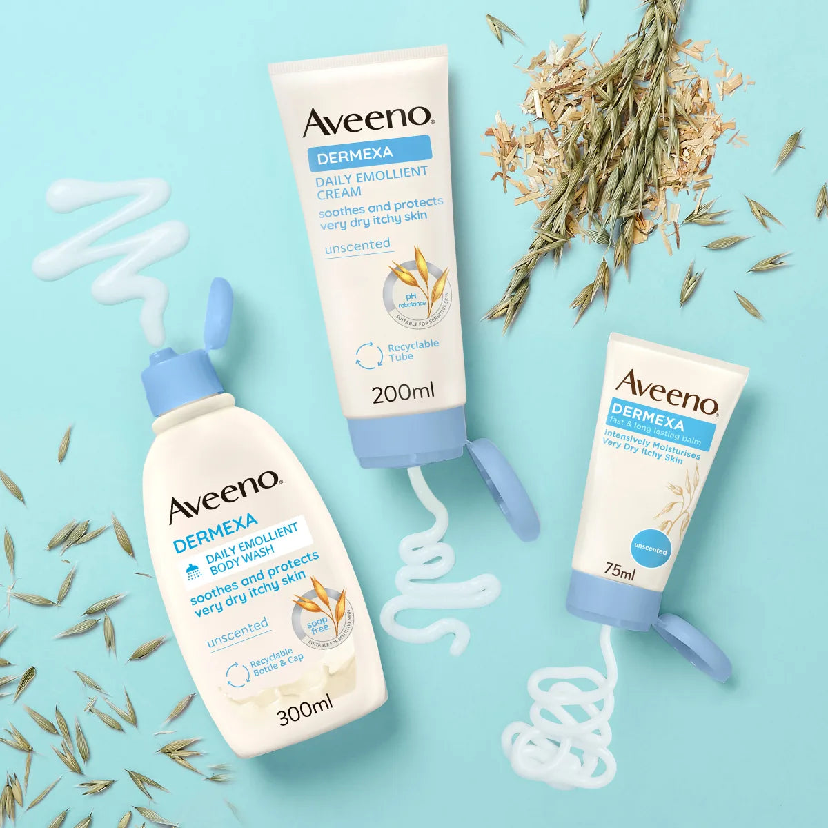 Aveeno Dermexa Daily Emollient Cream emulsiovoide 500 ml tuoteperhe sisältää rauhoittavaa kauraa