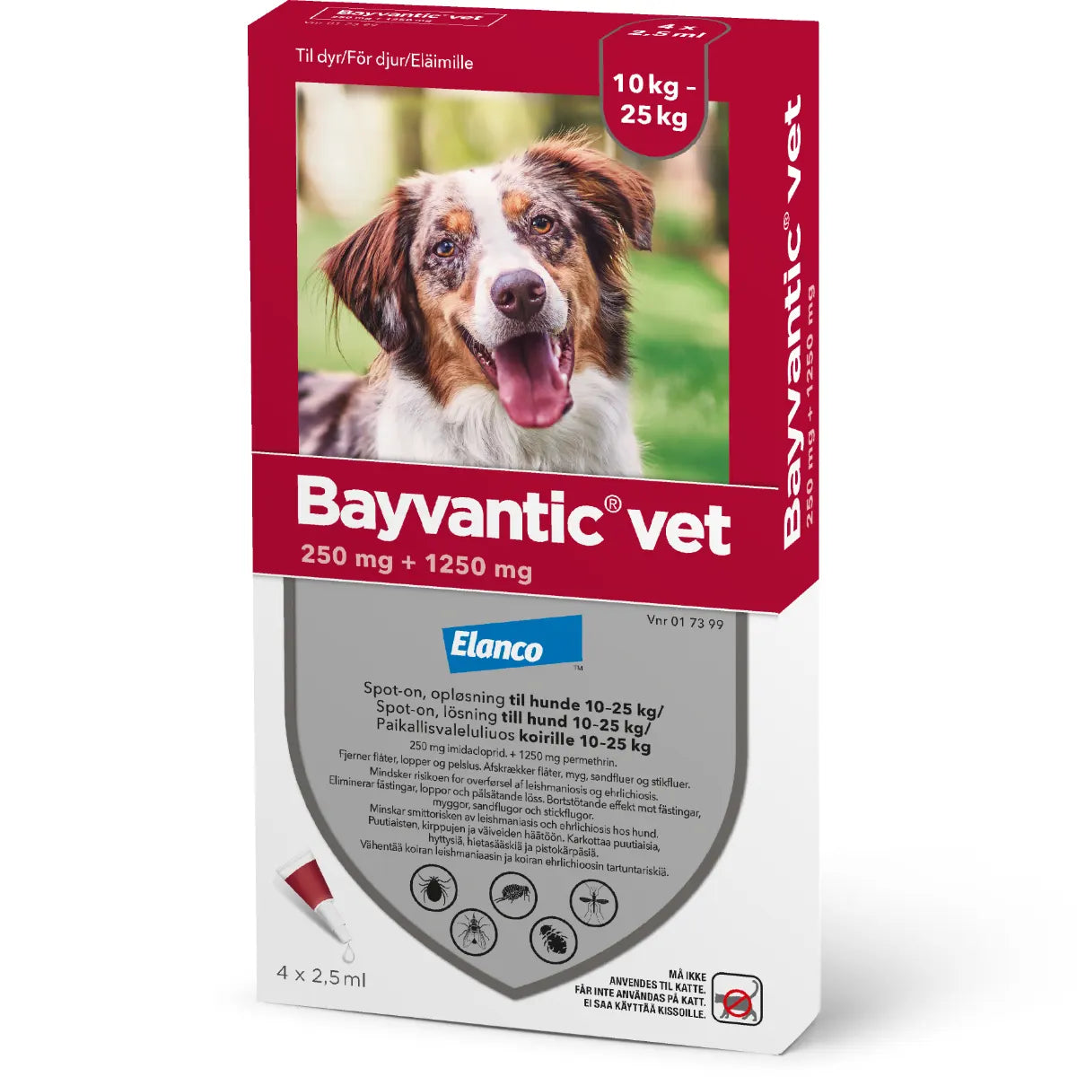 BAYVANTIC VET Koirille 10-25 kg 250 mg/1250 mg paikallisvaleluliuos 4x2,5 ml