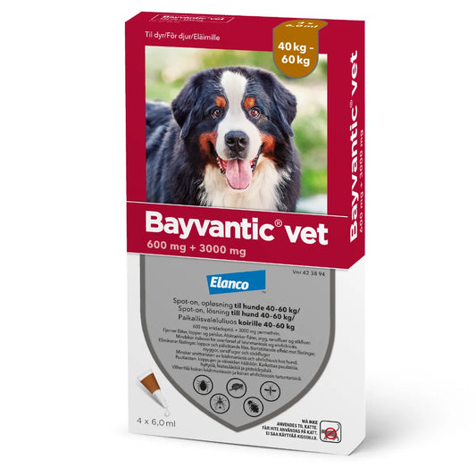 BAYVANTIC VET Koirille 40-60 kg 600 mg/3000 mg paikallisvaleluliuos 4x6 ml ulkoloisten häätöön