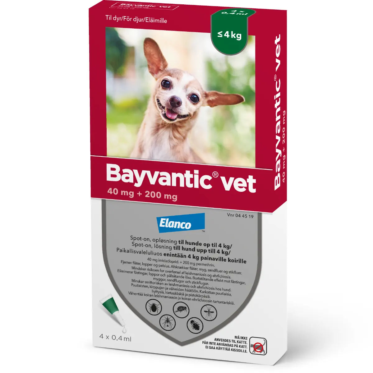 BAYVANTIC VET enintään 4 kg painaville koirille 40 mg/200 mg paikallisvaleluliuos 4x0,4 ml