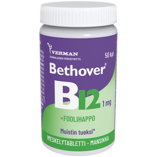 BETHOVER B12-vitamiini + foolihappo mansikanmakuinen imeskelytabletti 50 tabl