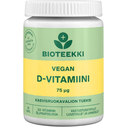 Bioteekki Vegan D-vitamiini 75 mikrog kapseli 60 kpl kasviperäinen D3-vitamiini öljykapselissa