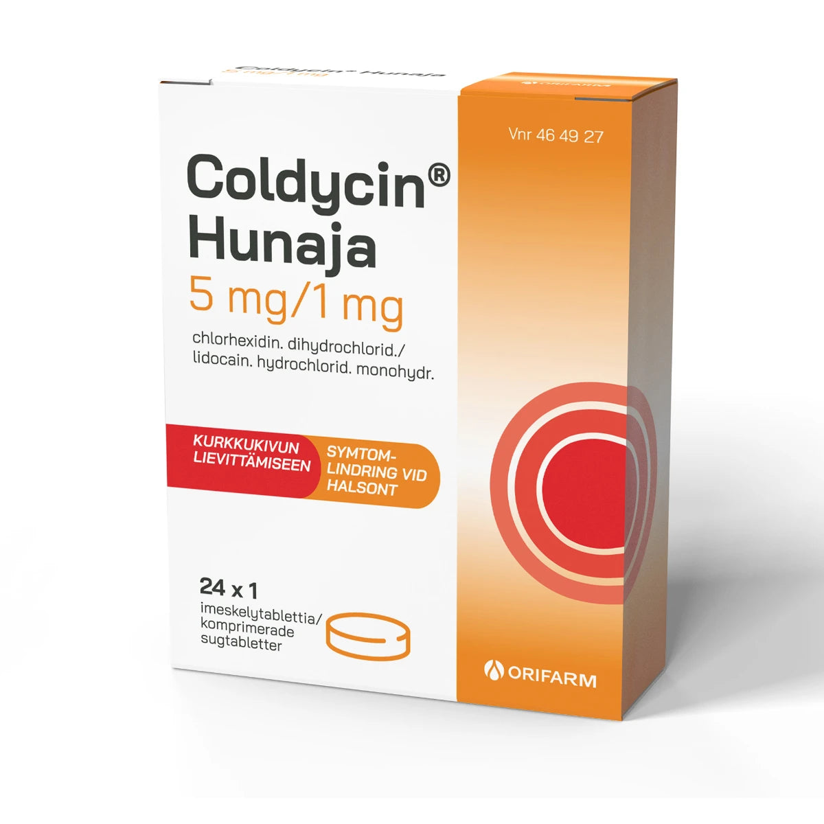 COLDYCIN Hunaja imeskelytabletti 5/1 mg 24 fol sisältää puuduttavaa ja bakteereita tappavaa ainetta