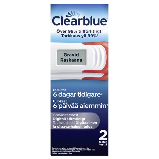 CLEARBLUE digital Ultra Early raskaustesti 2 kpl voidaan tehdä jopa 6 päivää aiemmin