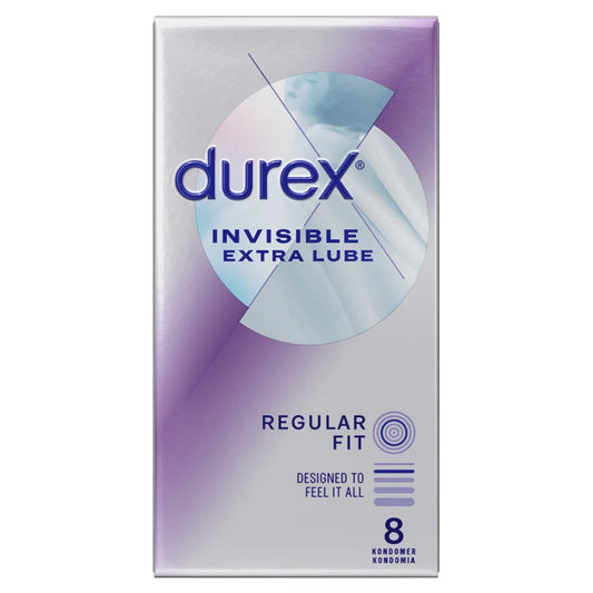 Durex Invisible Extra Lube Regular Fit Kondomi, jossa runsaasti liukastetta