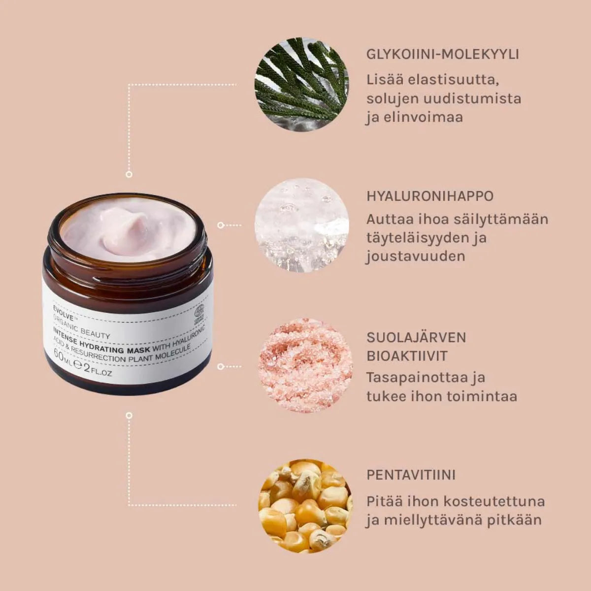 Evolve Organic Beauty Intense Hydrating Mask 60 ml – syväkosteuttava kasvonaamio hoitaa ihoa neljän tehokkan ainesosan avulla