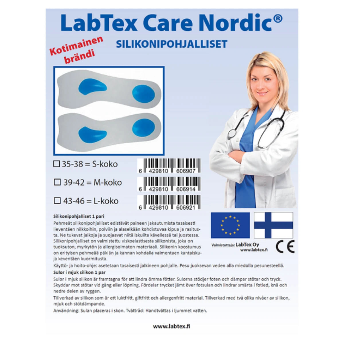 LABTEX Care Nordic Silikonipohjalliset L-koko 2 kpl keventää jalkapohjaan kohdistuvaa kuormitusta