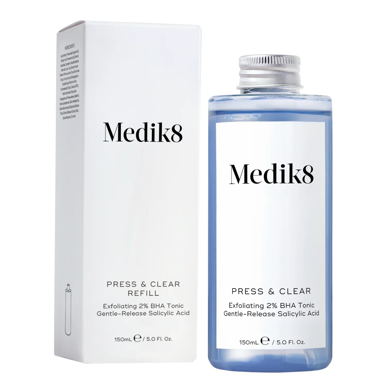 Medik8 Press & Clear Refill hoitovesi 150 ml – Kuoriva 2 % BHA hoitovesi hitaasti vapautuvalla salisyylihapolla.