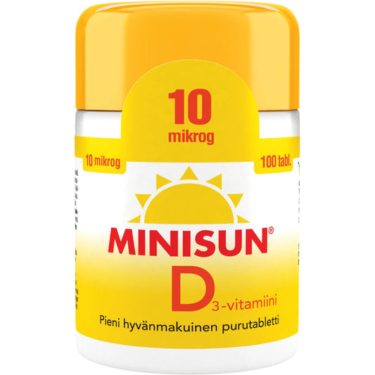 MINISUN D3-vitamiini 10 mikrog purutabletti 100 kpl pieni hyvänmakuinen tabletti, jonka voi niellä tai pureskella