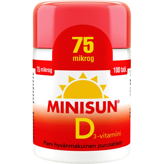 MINISUN D3-vitamiini 75 mikrog purutabletti 100 kpl pieni hyvänmakuinen purutabletti