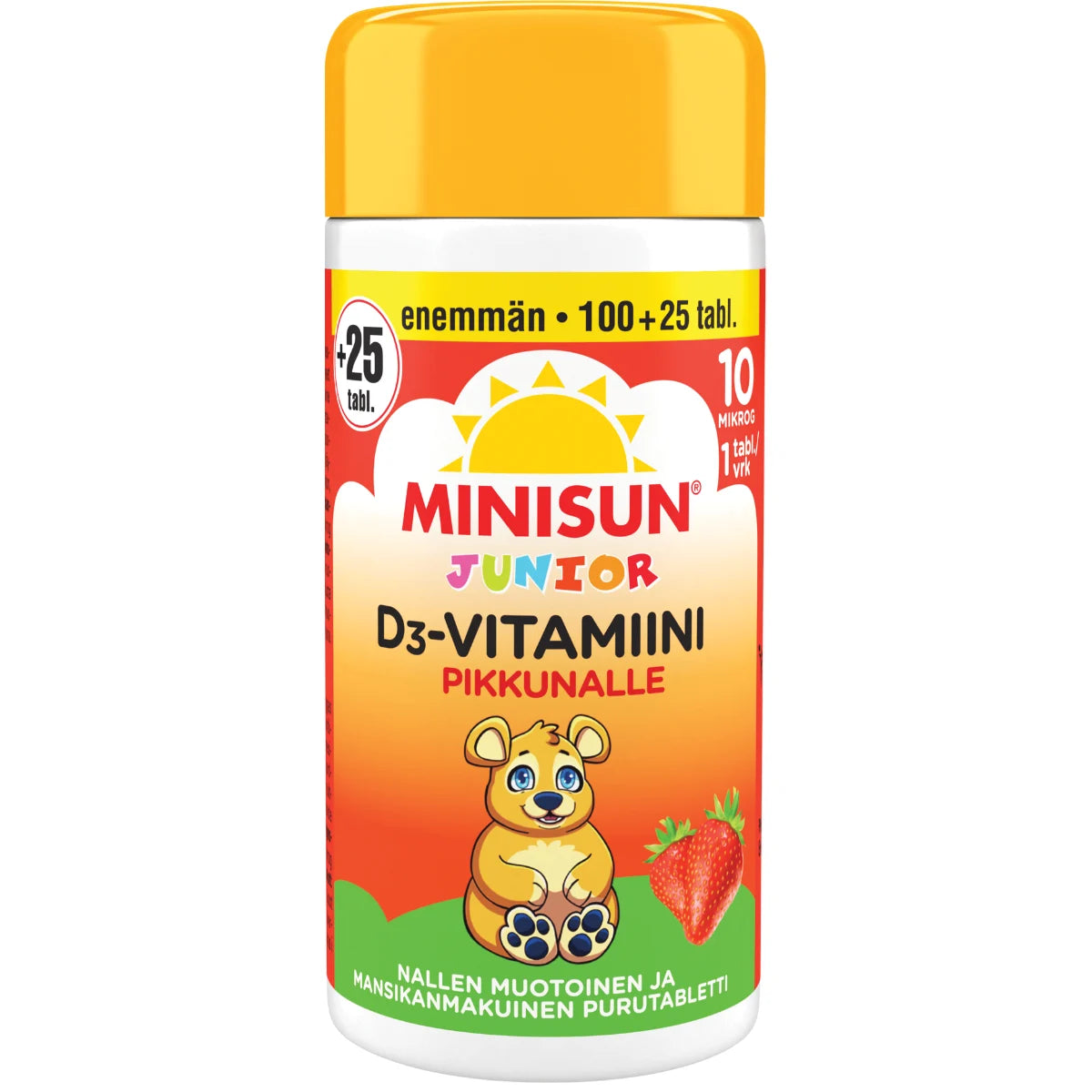 MINISUN Junior Nalle D3-vitamiini mansikka kampanjapakkaus 125 purutabl