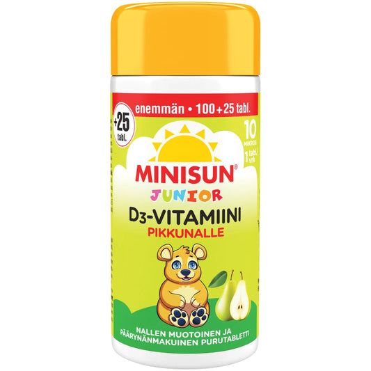 MINISUN Junior Nalle  D3-vitamiini päärynä kampanjapakkaus 125 purutabl