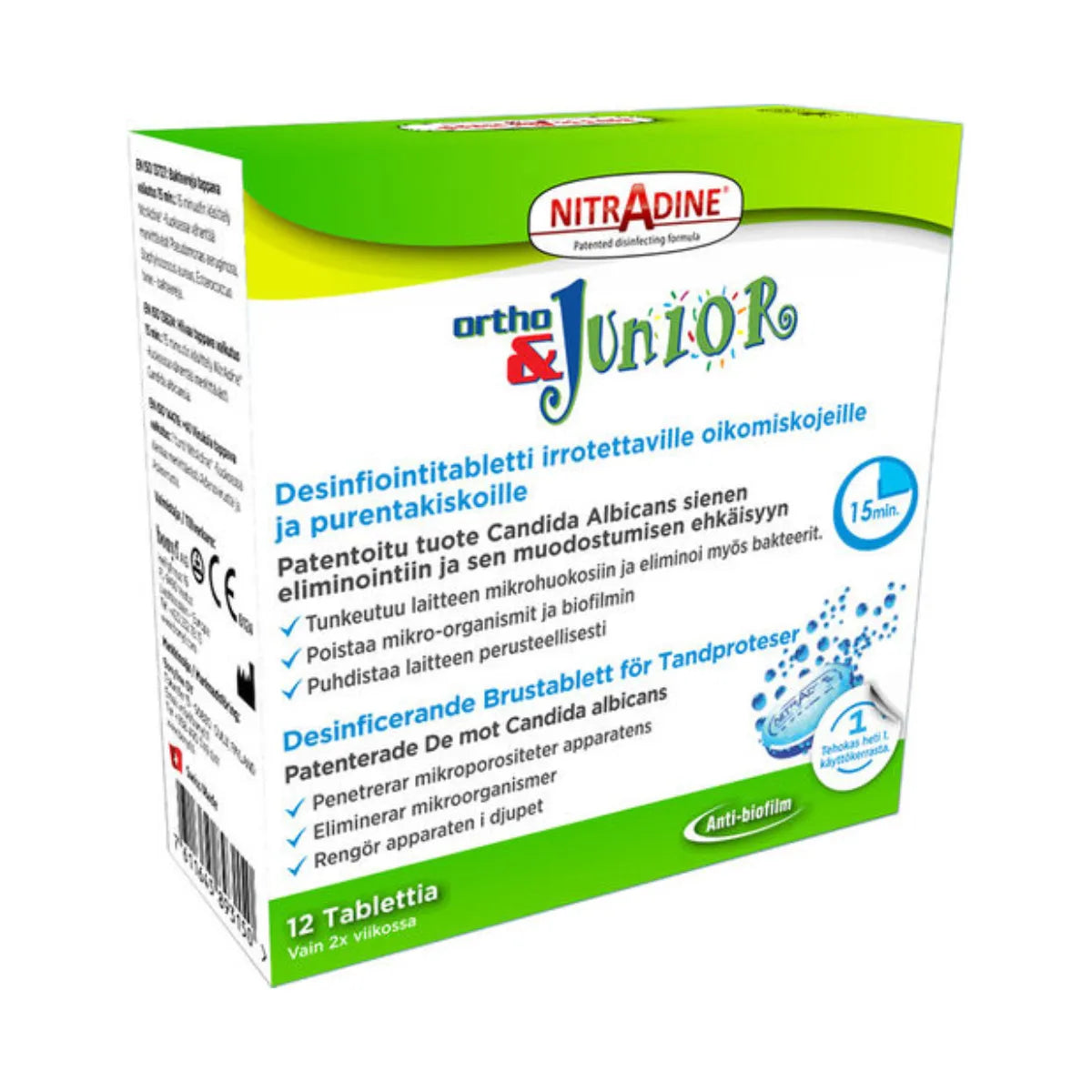 NITRADINE Desinfiointitabletti 12 kpl irrotettaville oikomiskojeille ja purentakiskoille