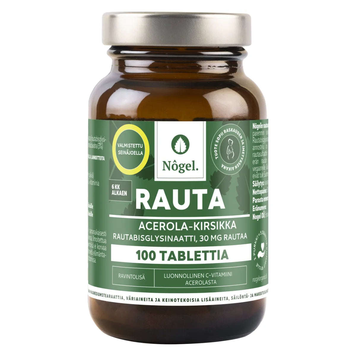 Nogel Rauta Acerola-kirsikka 30 mg 100 tablettia sisältää rautabisglysinaattia ja luonnollista C-vitamiinia