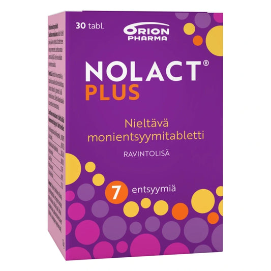 NOLACT Plus monientsyymitabletti 30 kpl sisältää seitsemää erilaista ruoansulatusentsyymiä