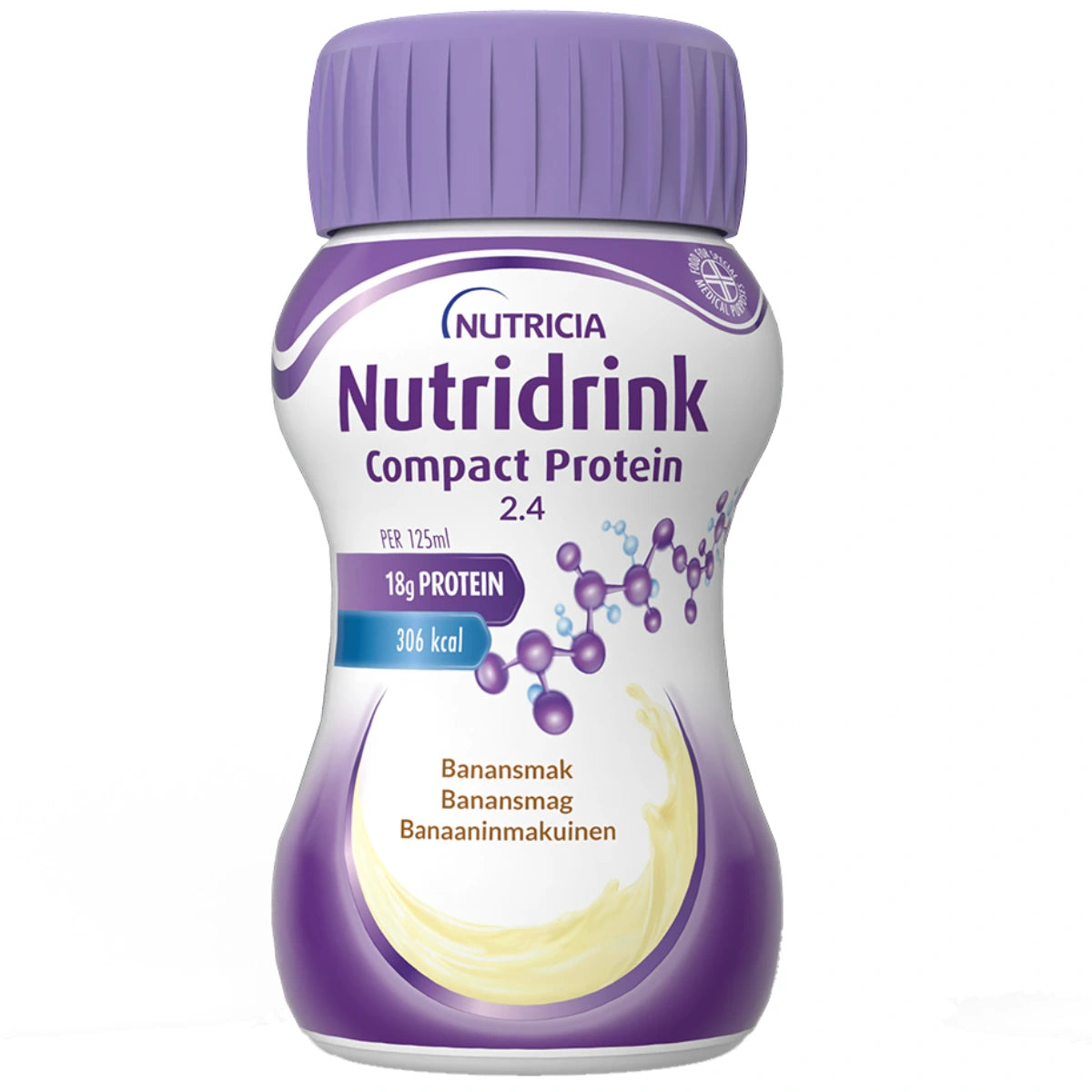 NUTRIDRINK Compact Protein Banaani 4x125 ml tiivistetymmässä muodossa oleva pirtelömäinen täydennysravintojuoma