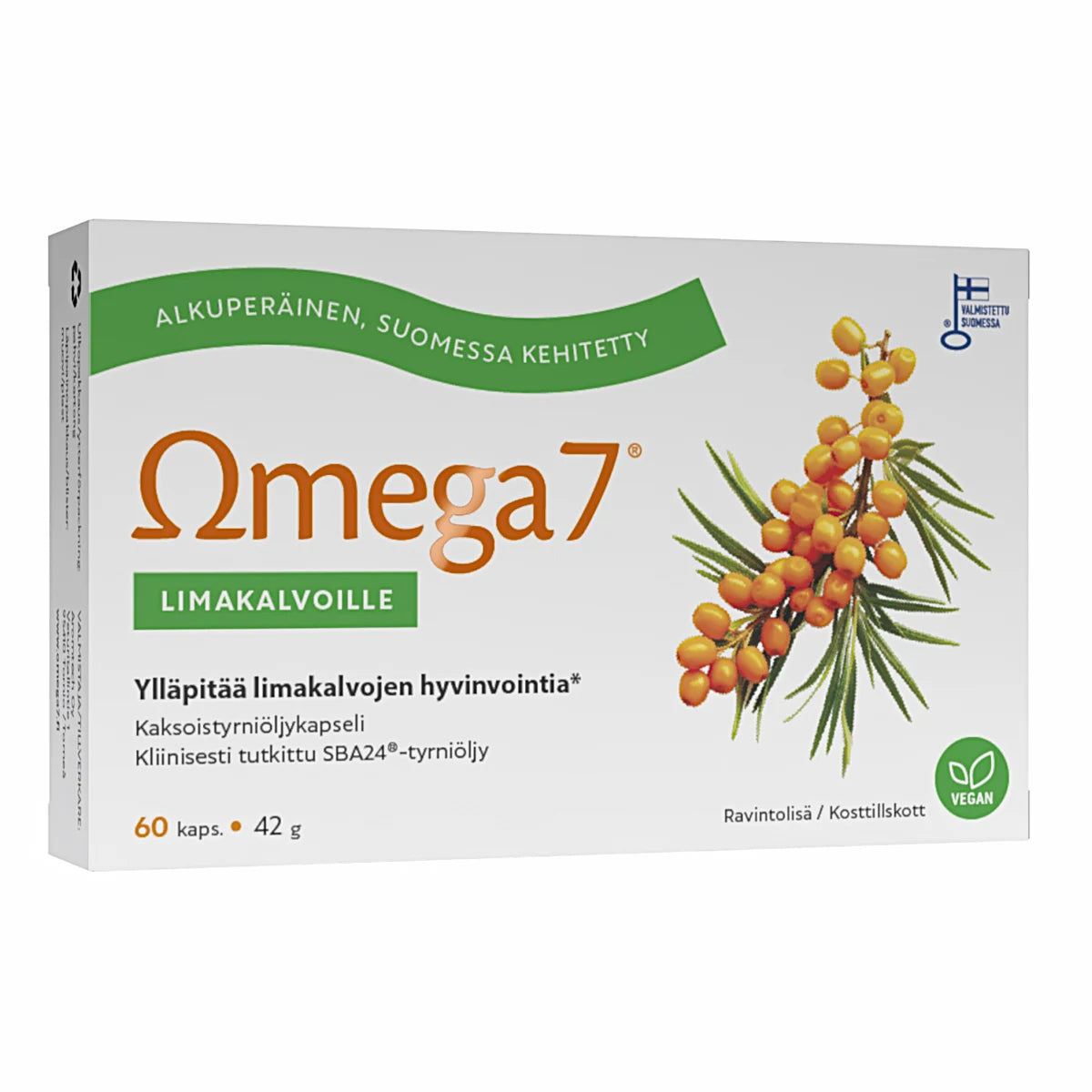 Kotimainen Omega7 SBA24® -kaksoistyrniöljykapseli 60 kpl limakalvojen kosteutukseen