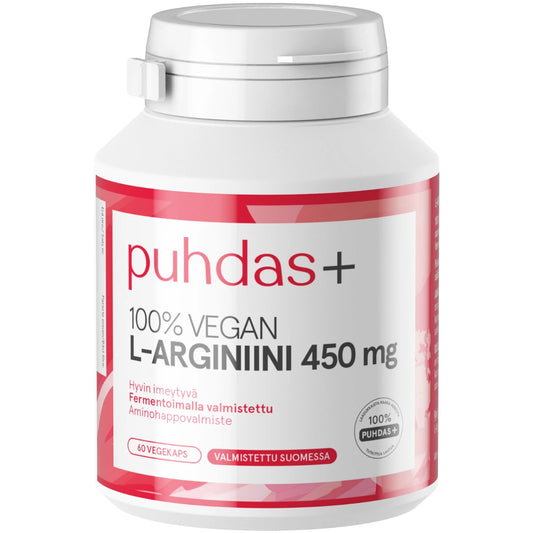 Puhdas+ L-Arginiinikapseli 450 mg 60 kpl laadukas fermentoimalla valmistettu aminohappovalmiste