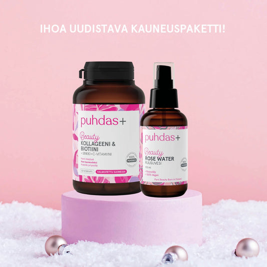 Puhdas+ Lahjapakkaus Kollageeni & Biotiini 120 kaps + Rose Water 100 ml