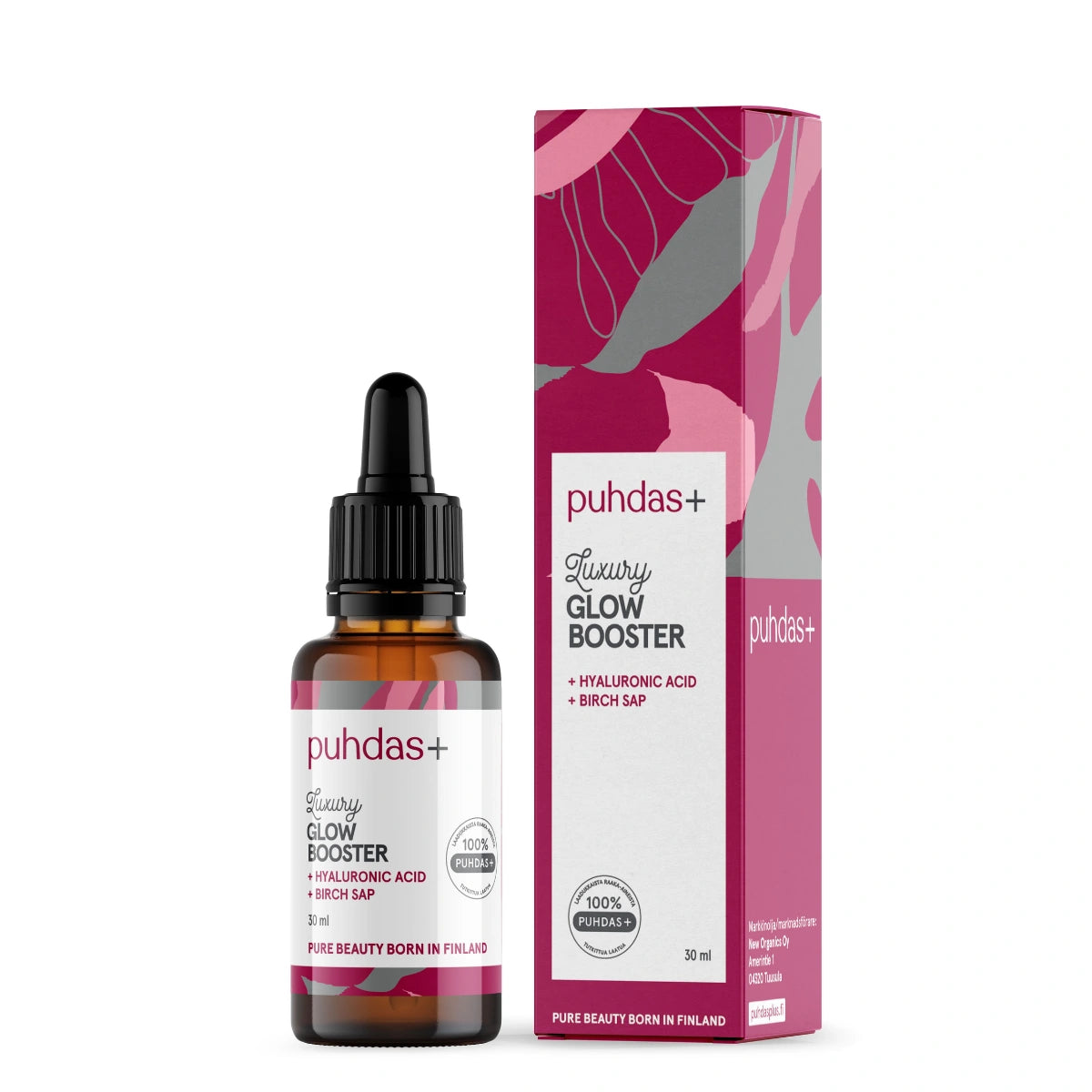 PUHDAS+ Luxury Glow Booster Serum 30 ml sisältää puhdasta hyaluronihappoa, joka kosteuttaa ihoa tehokkaasti