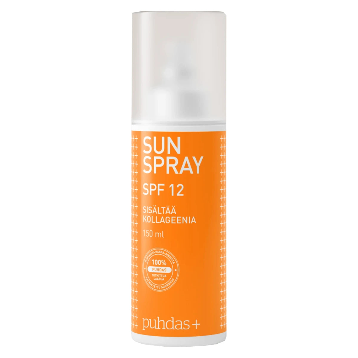 PUHDAS+ Sun Cream Spray SPF 12 150 ml on kollageenia sisältävä aurinkosuojasuihke