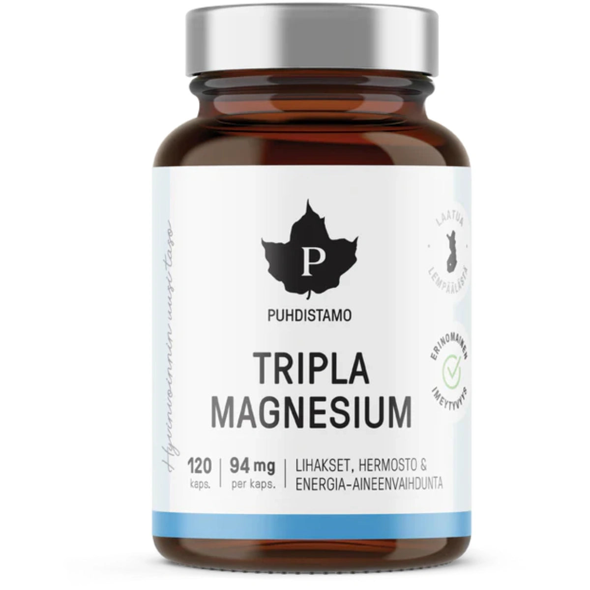 PUHDISTAMO Tripla Magnesium kapseli 120 kpl kolmea korkealaatuista magnesiuminmuotoa sisältävä ravintolisä