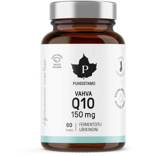 PUHDISTAMO Vahva Q10 Ubikinoni 150 mg kapseli 60 kpl sisältää fermentoitua ubikinonia neitsytoliiviöljyssä