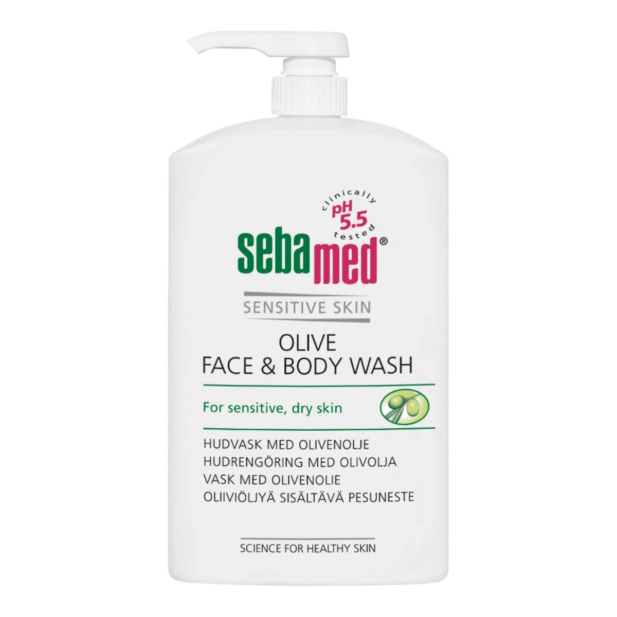 SEBAMED Olive Face & Body Wash pesuneste pumppupullo 1000 ml herkälle iholle kehitetty pesuneste puhdistaa hellävaraisesti.