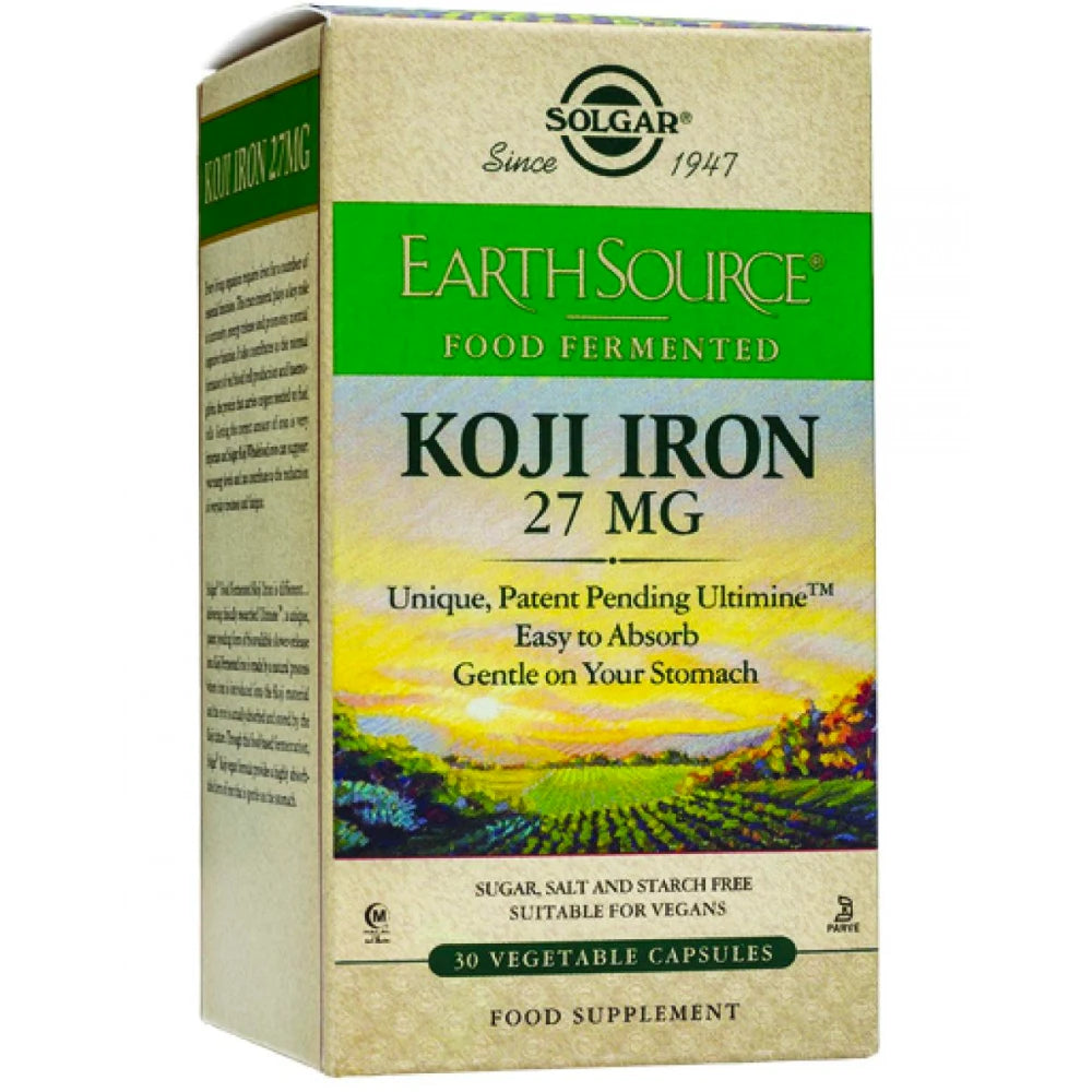 SOLGAR Fermentoitu rauta 27 mg (Earth Source Koji Fermented Iron) vegekapseli ulkopakkaus