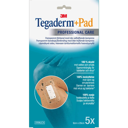 TEGADERM + PAD Vedenpitävä haavakalvo tyynyllä 9 cm x 20 cm 5 kpl