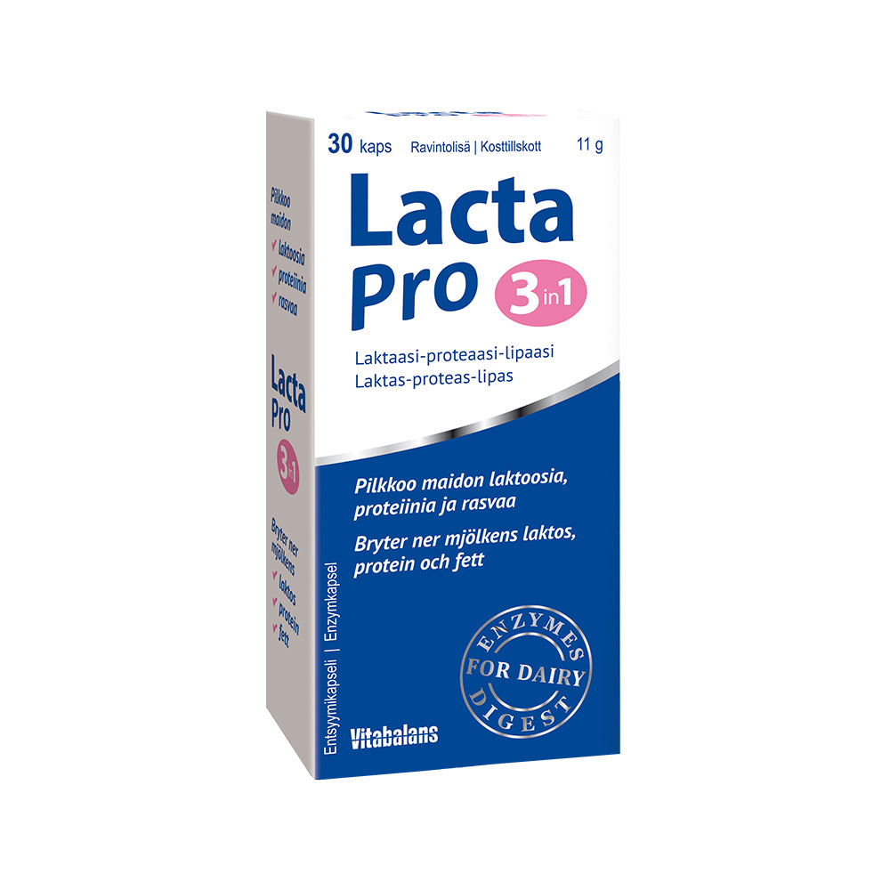 LACTA PRO LAKTOOSIA, PROTEIINIA JA RASVAA PILKKOVA ENTSYYMIKAPSELI 30 KAPSELIA